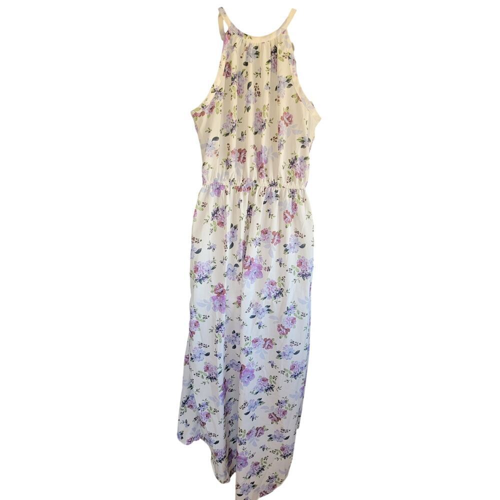 Indulge Wht/Purple Floral Dress Sleeveless Hi Low Asymmetrical hem Sz M